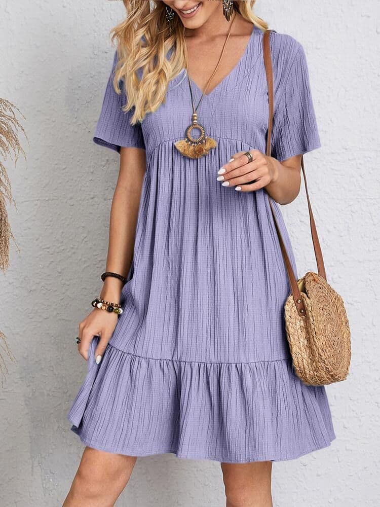 image-V-neck Short Sleeve Dress Summer Fashion Casual Loose Ruffled Dresses Beach Clothing Women