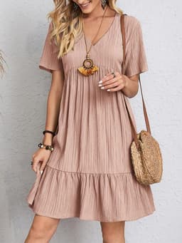 image-V-neck Short Sleeve Dress Summer Fashion Casual Loose Ruffled Dresses Beach Clothing Women