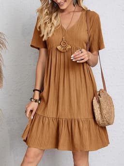 image-V-neck Short Sleeve Dress Summer Fashion Casual Loose Ruffled Dresses Beach Clothing Women