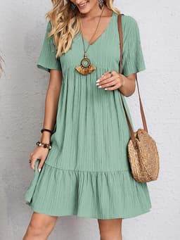 image-V-neck Short Sleeve Dress Summer Fashion Casual Loose Ruffled Dresses Beach Clothing Women
