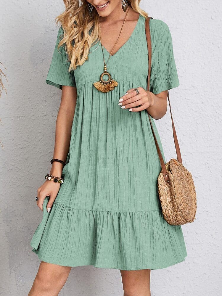 image-V-neck Short Sleeve Dress Summer Fashion Casual Loose Ruffled Dresses Beach Clothing Women