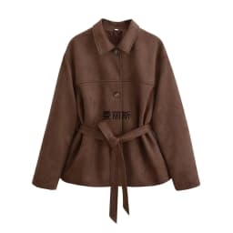 image-Loose Casual Polo Collar Long Sleeve With Belt Suede Shirt Jacket