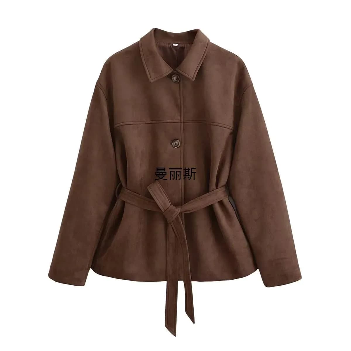 image-Loose Casual Polo Collar Long Sleeve With Belt Suede Shirt Jacket