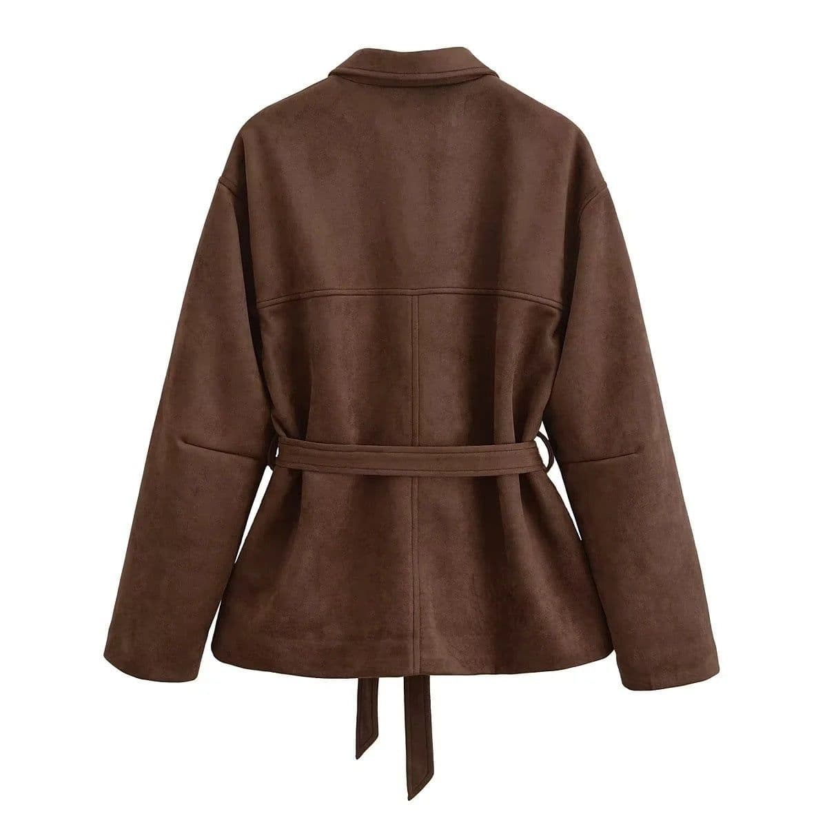 image-Loose Casual Polo Collar Long Sleeve With Belt Suede Shirt Jacket