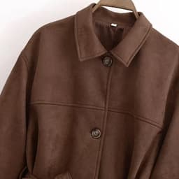 image-Loose Casual Polo Collar Long Sleeve With Belt Suede Shirt Jacket