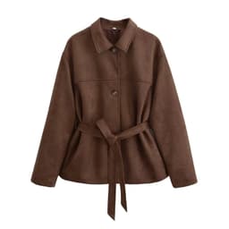 image-Loose Casual Polo Collar Long Sleeve With Belt Suede Shirt Jacket
