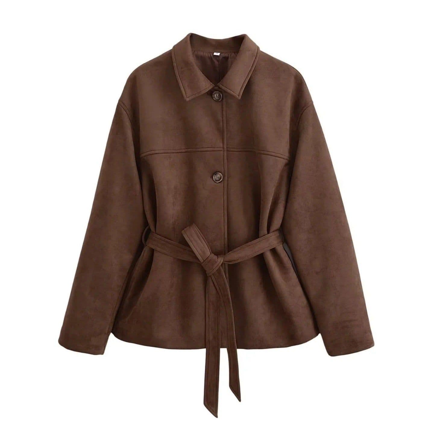 image-Loose Casual Polo Collar Long Sleeve With Belt Suede Shirt Jacket