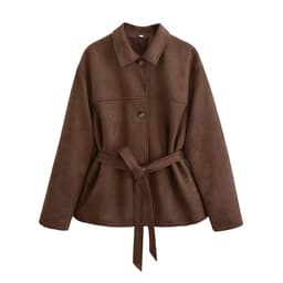 image-Loose Casual Polo Collar Long Sleeve With Belt Suede Shirt Jacket