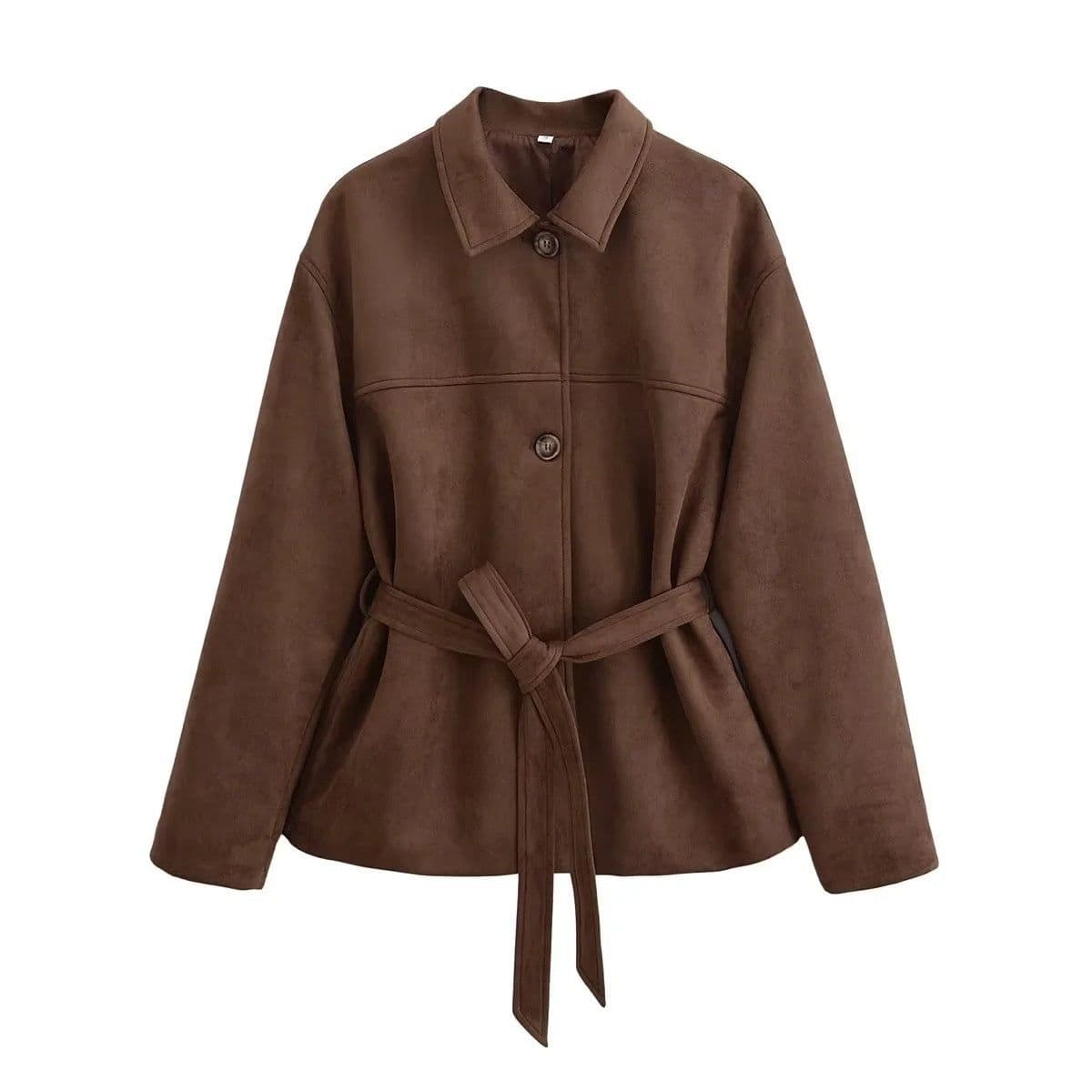 image-Loose Casual Polo Collar Long Sleeve With Belt Suede Shirt Jacket
