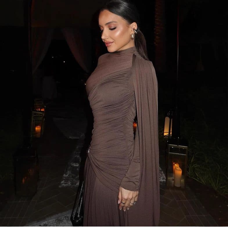 image-Solid Color Slim Fit Pleated Long Sleeve Dress