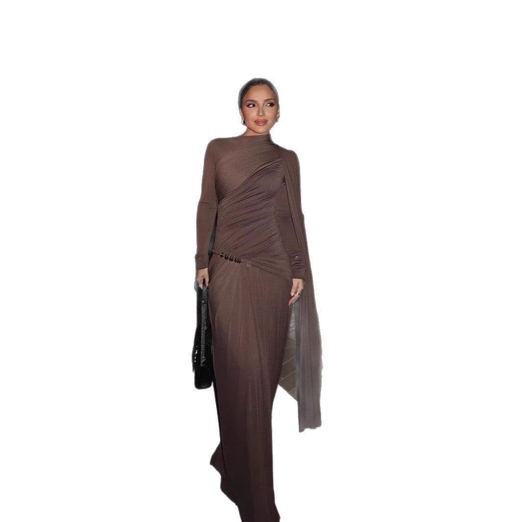 image-Solid Color Slim Fit Pleated Long Sleeve Dress