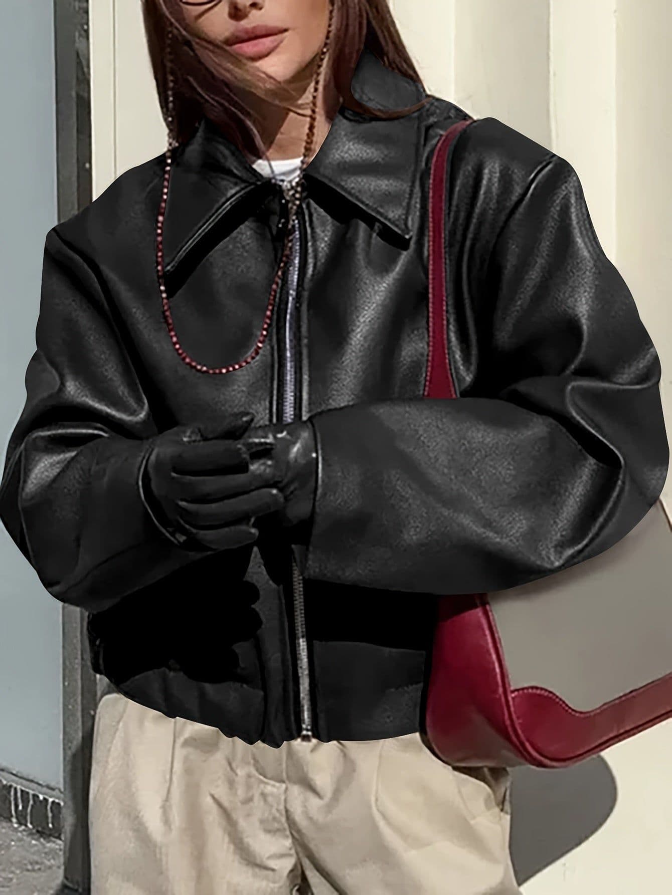 image-Retro Biker's Style Wine Red European And American Handsome Matte Leather Jacket Coat
