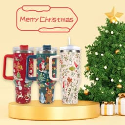 image-New Christmas Pattern Mug With Handle Lid Straw Drinkware Stainless Steel Vacuum Tumbler Large Capacity Car Travel Coffee Cup