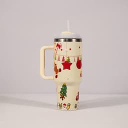 image-New Christmas Pattern Mug With Handle Lid Straw Drinkware Stainless Steel Vacuum Tumbler Large Capacity Car Travel Coffee Cup