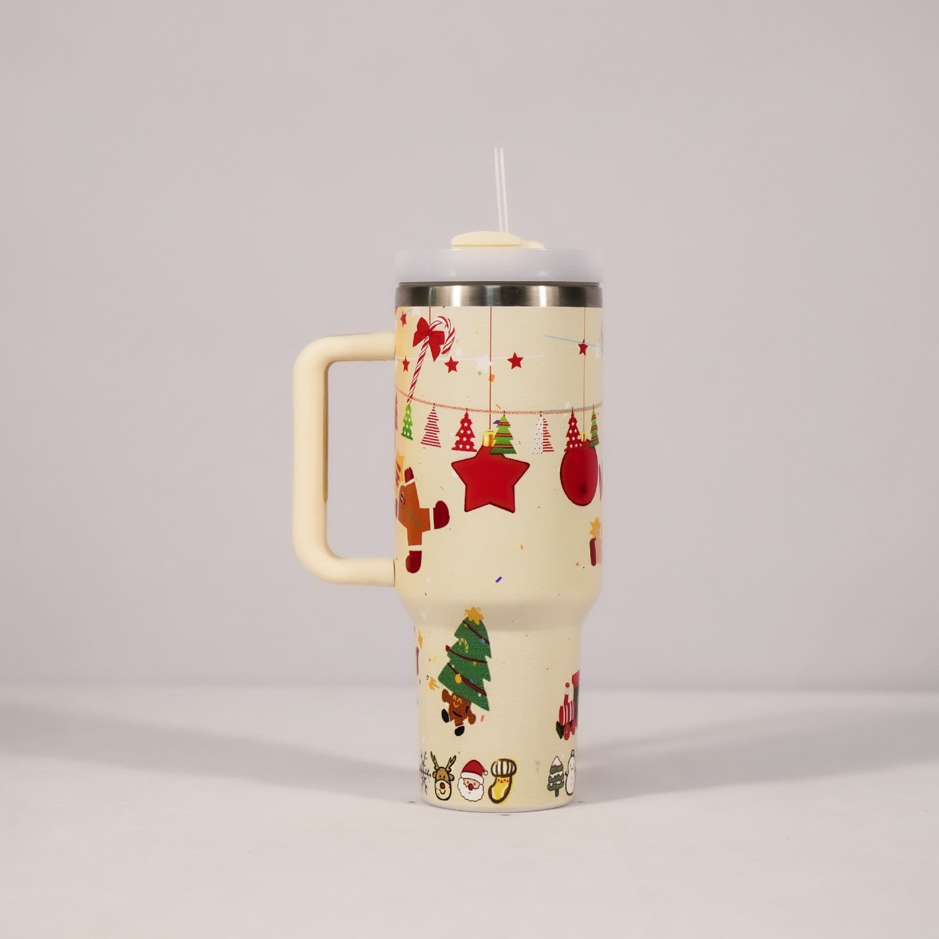 image-New Christmas Pattern Mug With Handle Lid Straw Drinkware Stainless Steel Vacuum Tumbler Large Capacity Car Travel Coffee Cup