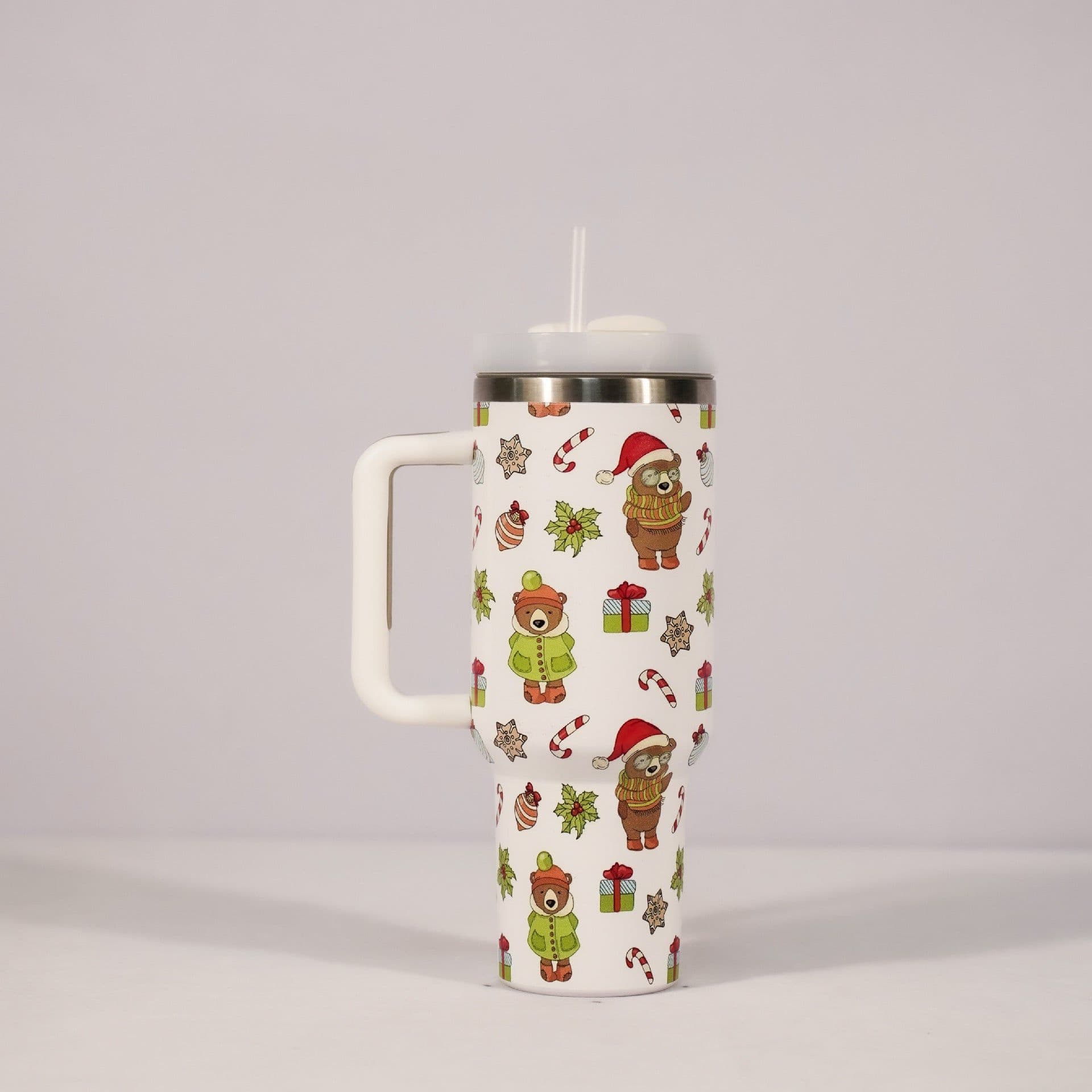 image-New Christmas Pattern Mug With Handle Lid Straw Drinkware Stainless Steel Vacuum Tumbler Large Capacity Car Travel Coffee Cup