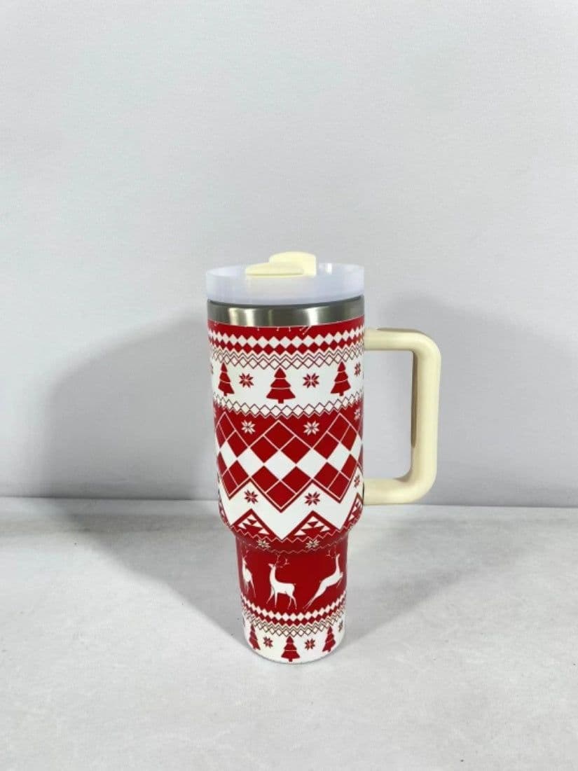 image-New Christmas Pattern Mug With Handle Lid Straw Drinkware Stainless Steel Vacuum Tumbler Large Capacity Car Travel Coffee Cup