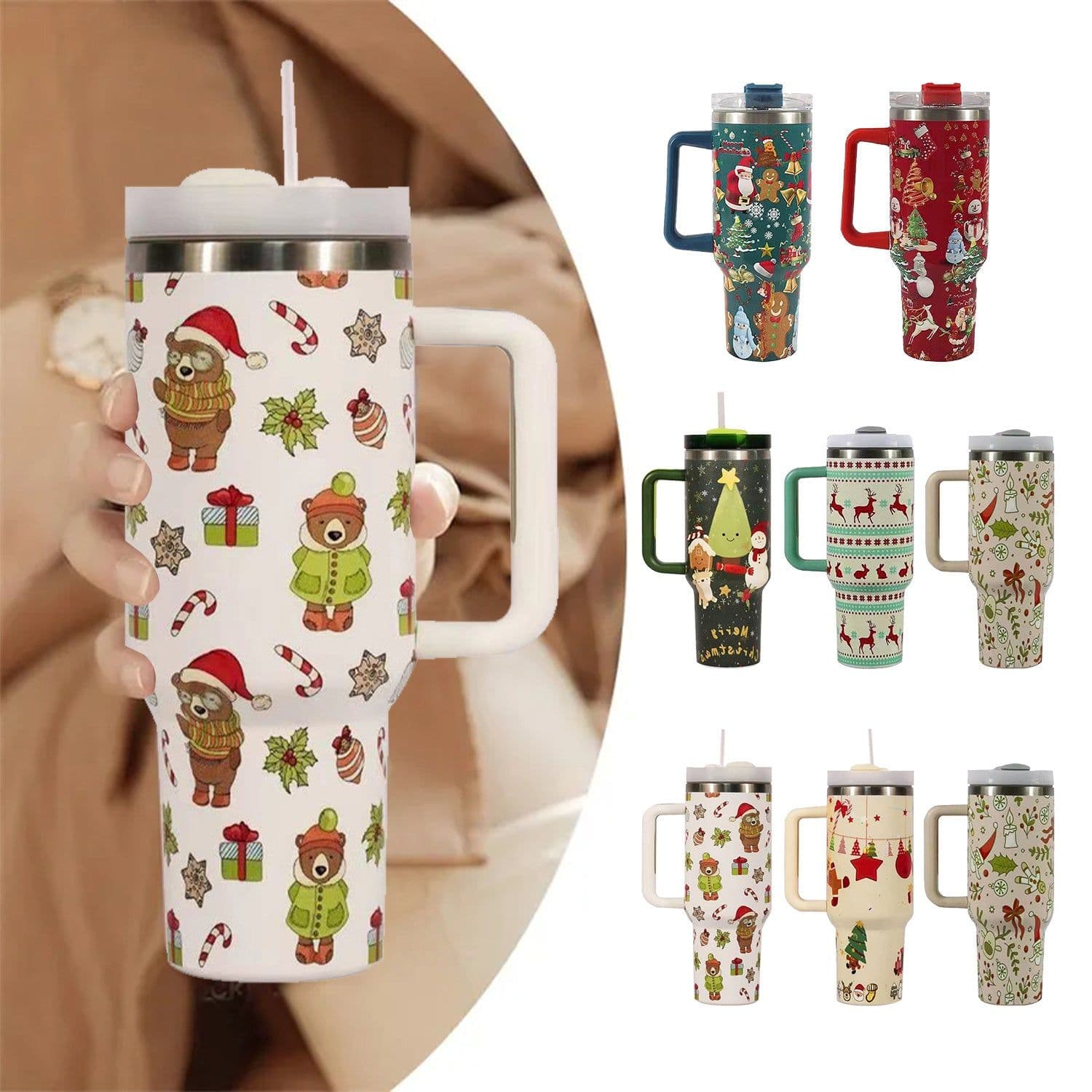 image-New Christmas Pattern Mug With Handle Lid Straw Drinkware Stainless Steel Vacuum Tumbler Large Capacity Car Travel Coffee Cup