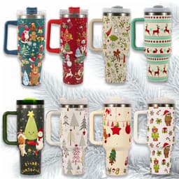 image-New Christmas Pattern Mug With Handle Lid Straw Drinkware Stainless Steel Vacuum Tumbler Large Capacity Car Travel Coffee Cup