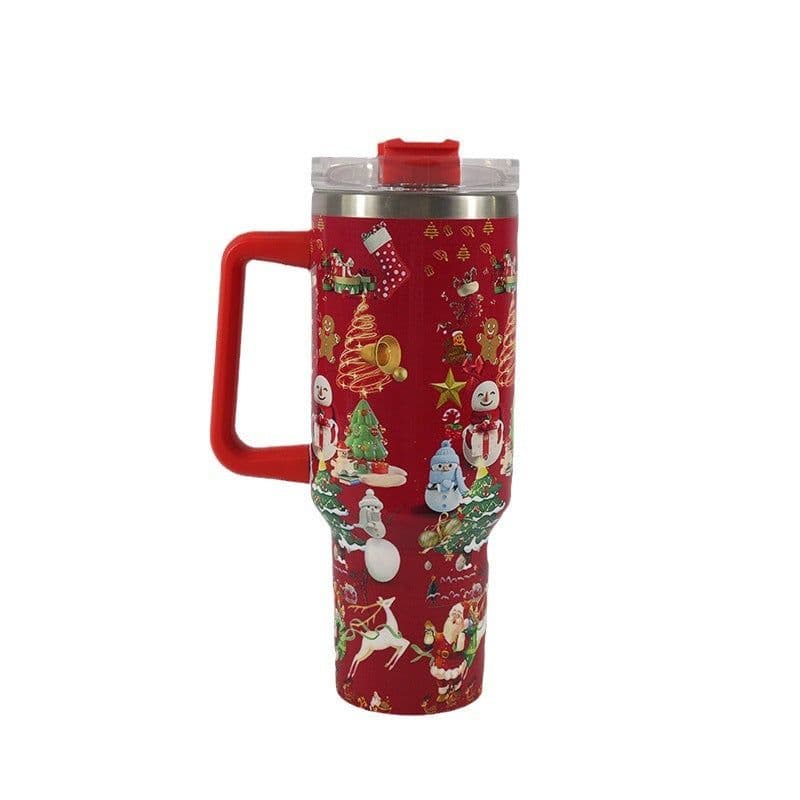 image-New Christmas Pattern Mug With Handle Lid Straw Drinkware Stainless Steel Vacuum Tumbler Large Capacity Car Travel Coffee Cup