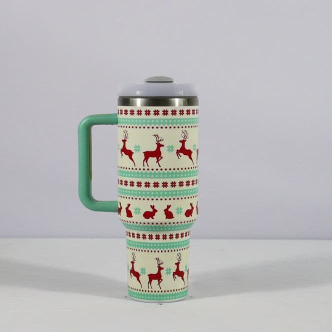 image-New Christmas Pattern Mug With Handle Lid Straw Drinkware Stainless Steel Vacuum Tumbler Large Capacity Car Travel Coffee Cup