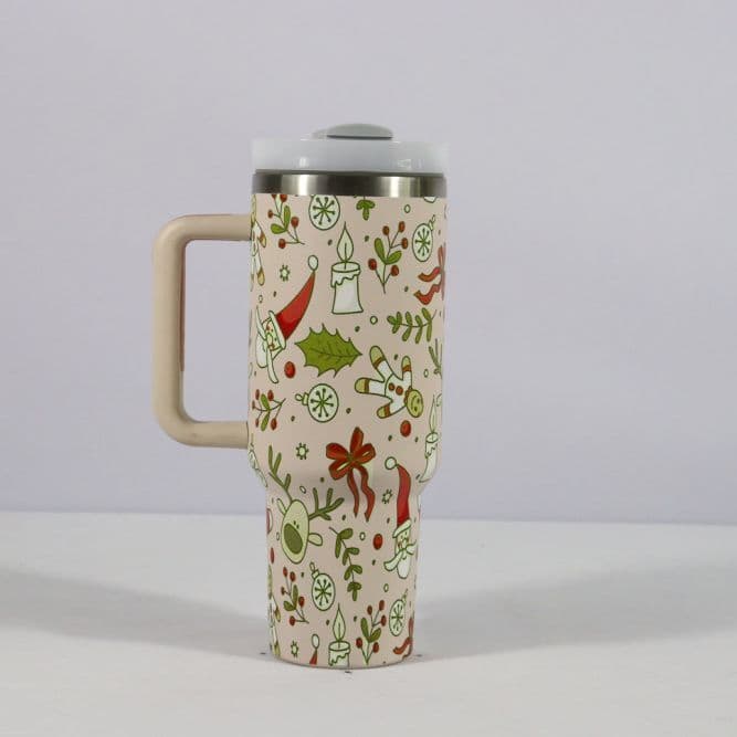 image-New Christmas Pattern Mug With Handle Lid Straw Drinkware Stainless Steel Vacuum Tumbler Large Capacity Car Travel Coffee Cup