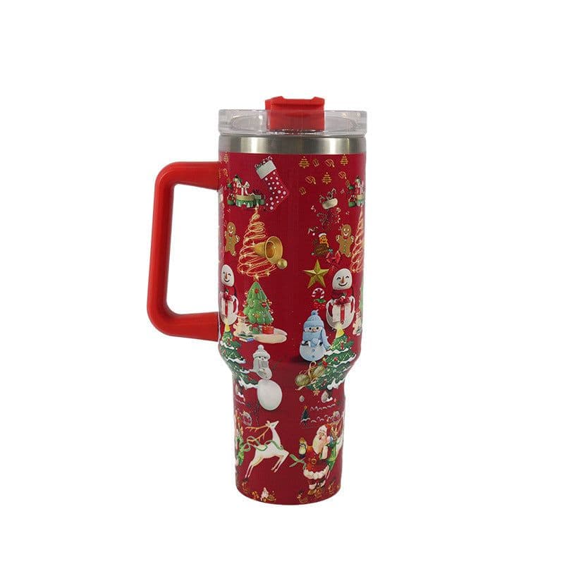 image-New Christmas Pattern Mug With Handle Lid Straw Drinkware Stainless Steel Vacuum Tumbler Large Capacity Car Travel Coffee Cup