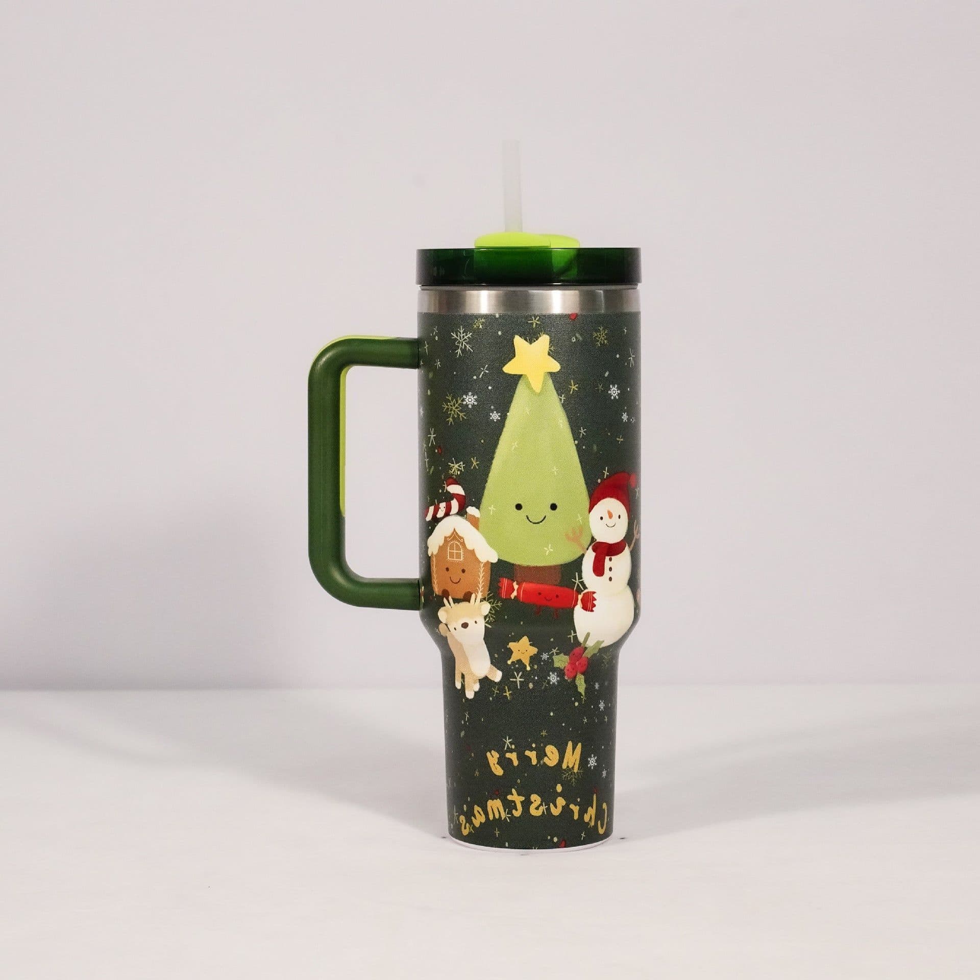 image-New Christmas Pattern Mug With Handle Lid Straw Drinkware Stainless Steel Vacuum Tumbler Large Capacity Car Travel Coffee Cup