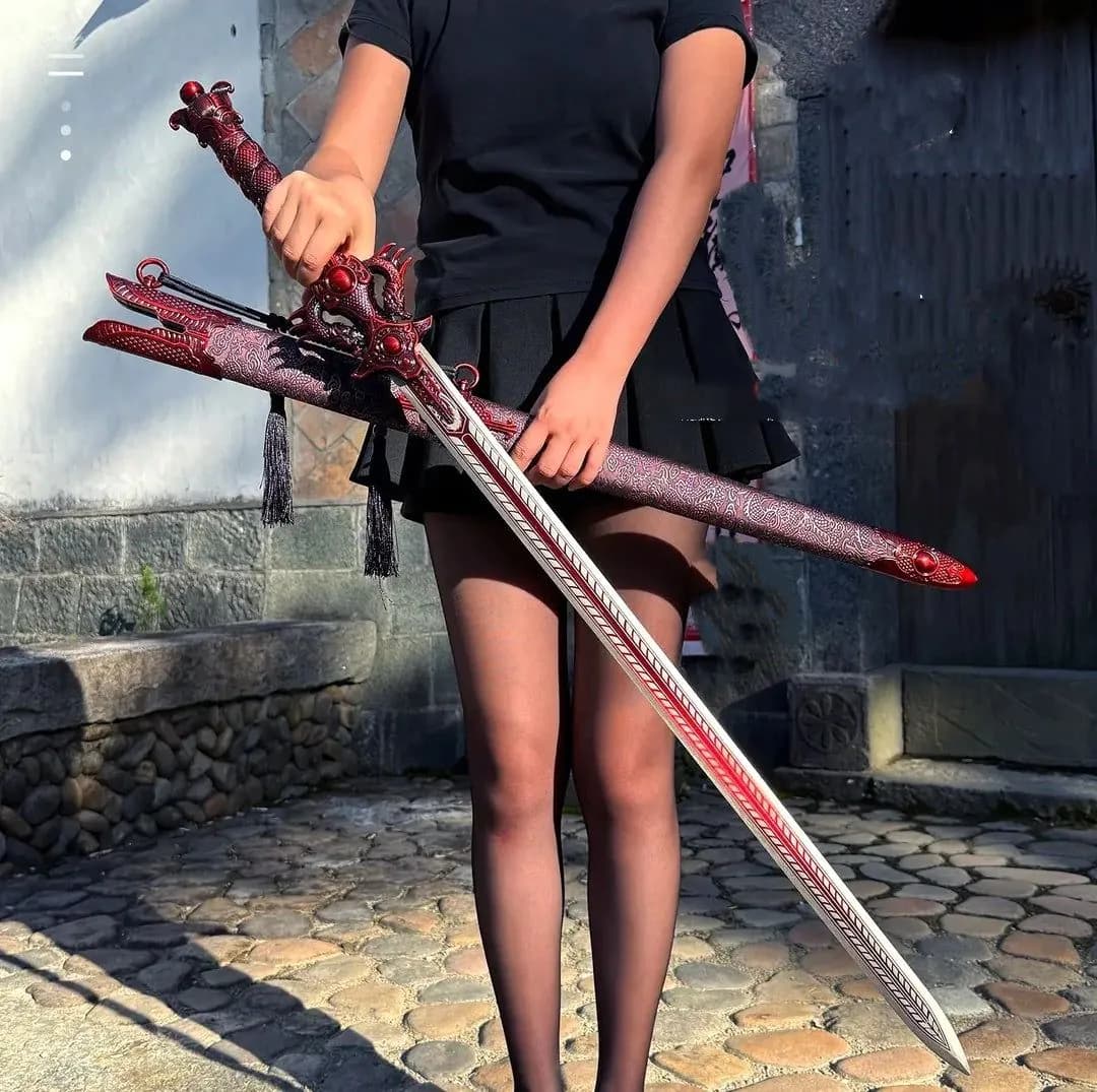 image-Chixiao Longquan Shuanglong Sword One-piece Dragon Spine Blade Alloy Hilt Solid Wood Scabbard With Leather Cover Unsharpened