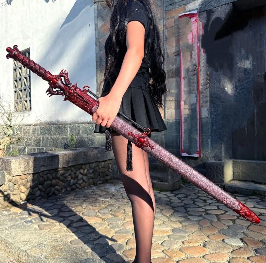 image-Chixiao Longquan Shuanglong Sword One-piece Dragon Spine Blade Alloy Hilt Solid Wood Scabbard With Leather Cover Unsharpened