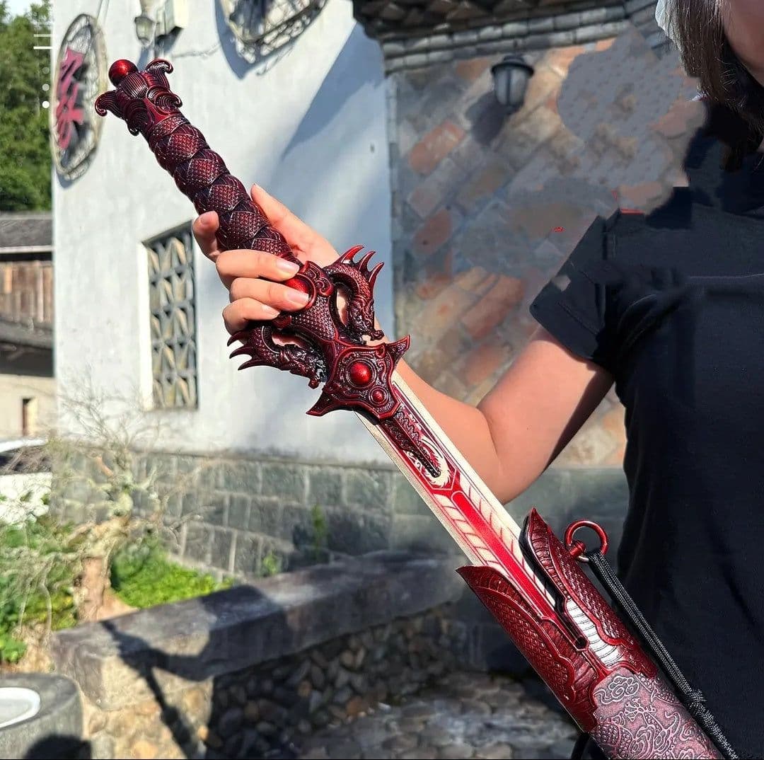 image-Chixiao Longquan Shuanglong Sword One-piece Dragon Spine Blade Alloy Hilt Solid Wood Scabbard With Leather Cover Unsharpened