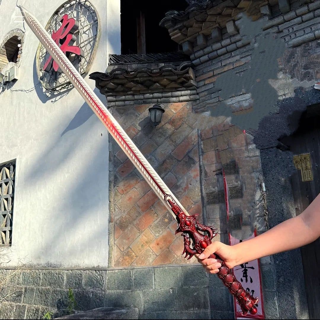 image-Chixiao Longquan Shuanglong Sword One-piece Dragon Spine Blade Alloy Hilt Solid Wood Scabbard With Leather Cover Unsharpened