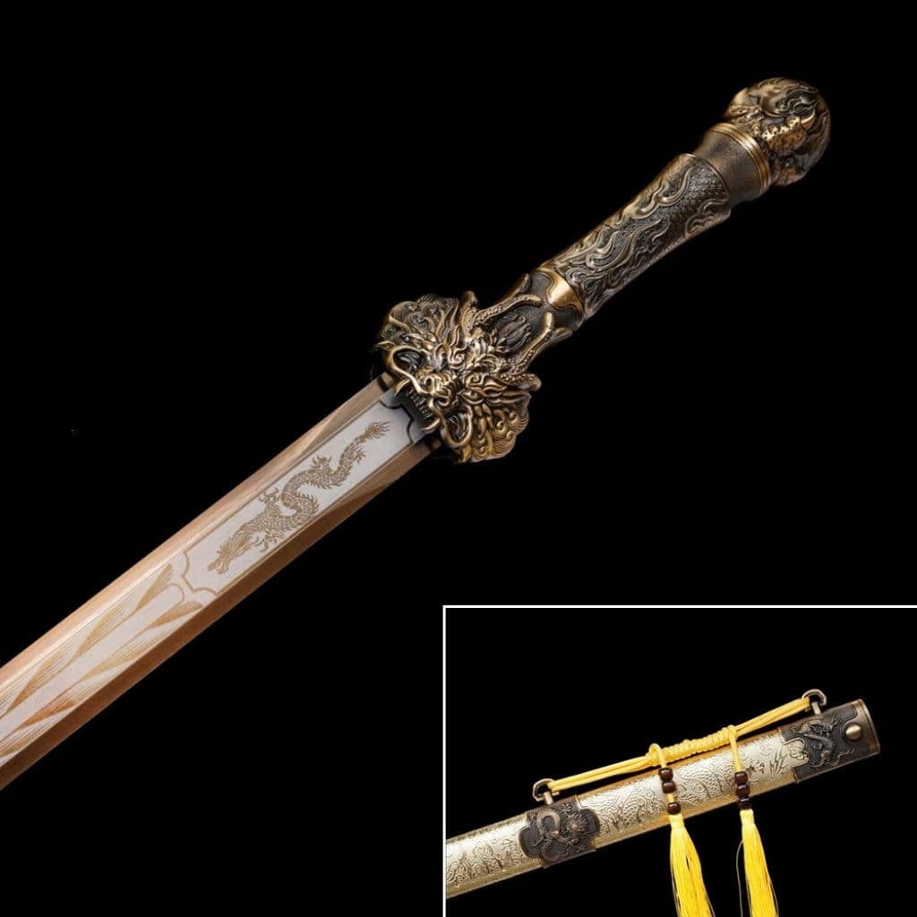 image-Long Style Integrated High Manganese Steel Swords Tang Jian, Dragon King Sword, Han Jian Unsharpened Cold Weapons For Self Defense & Decoration