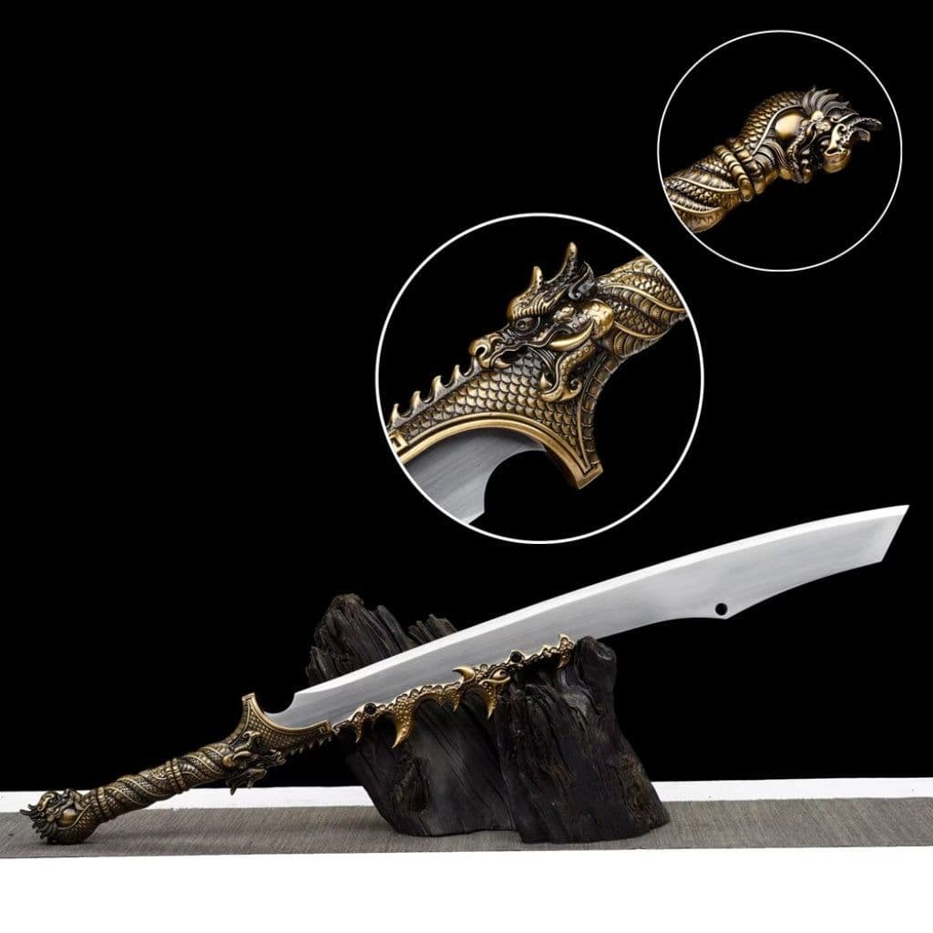 image-Integrated Blades Flaming Frenzy Saber, Dragon Slaying Saber, Long Style Ox Tail Saber High Manganese Steel Unsharpened Cold Weapon Crafts