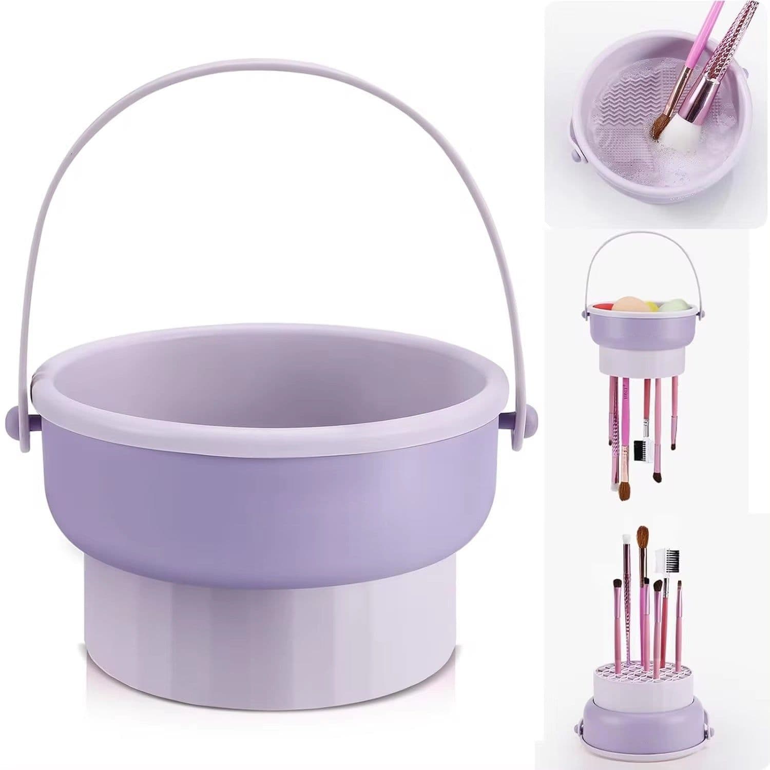 image-Makeup Brush Cleaning Bowl Beauty Egg Cleaning Tool Storage Set Brush Powder Puff Dry Cleaning Silicone Drying Shelf