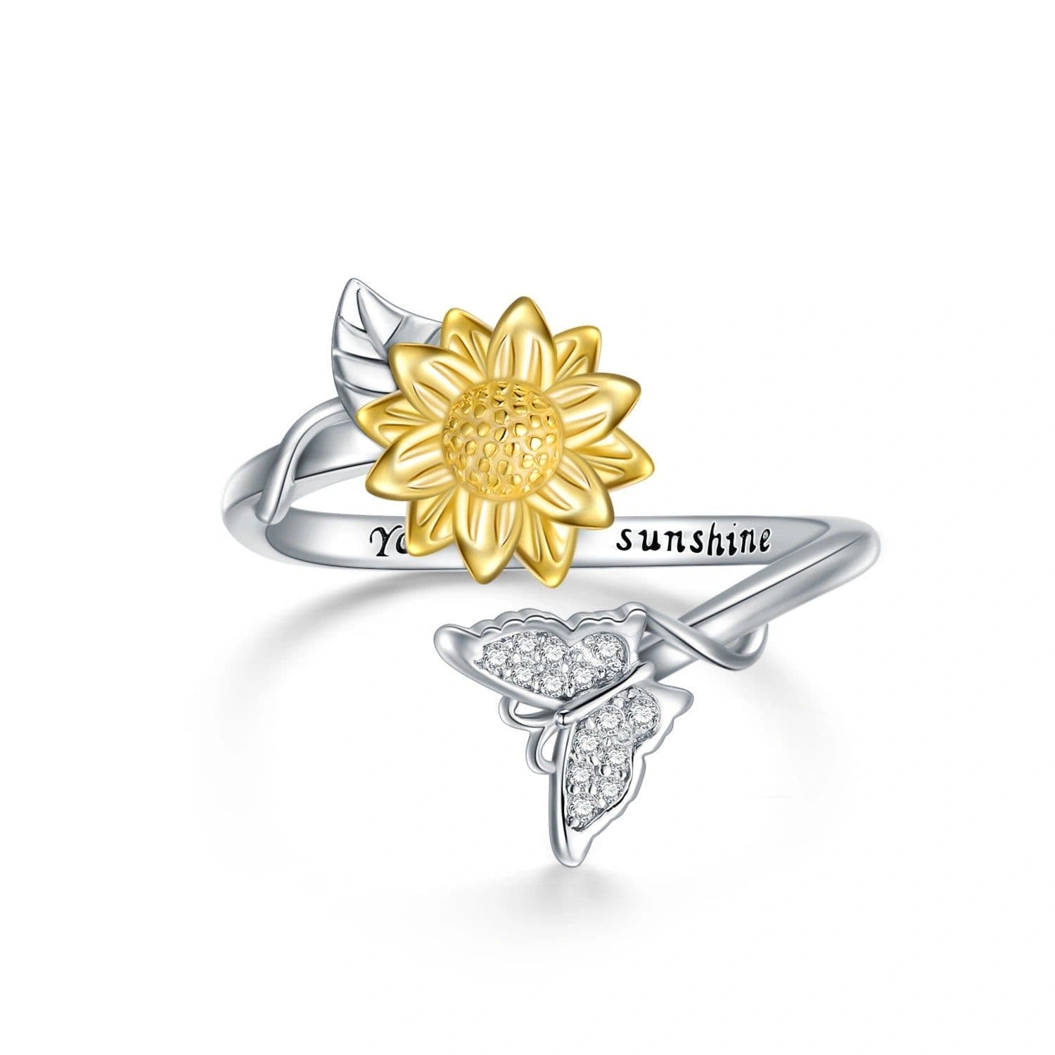 image-You Are My Sunshine Sunflower Butterfly Ring in Sterling Silver