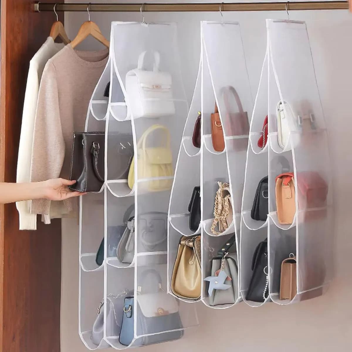 image-Hanging Handbag Storage Bag With 8 Pocket Wardrobe Closet Transparent Organizer Dust-proof Cover For Household Sundry Shoe Bag