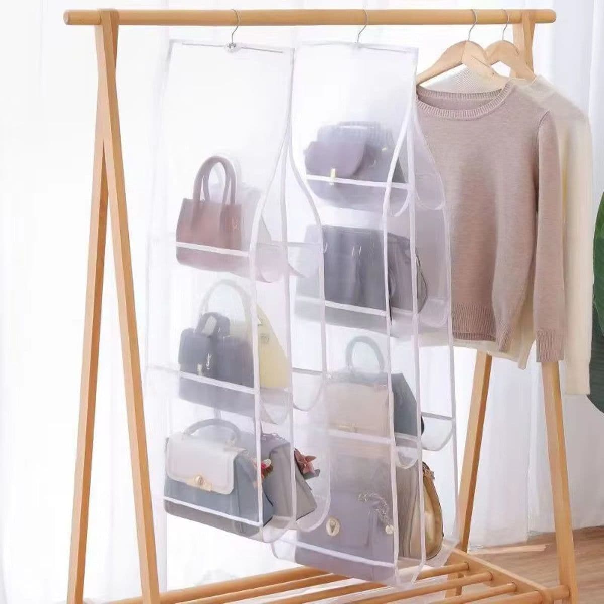 image-Hanging Handbag Storage Bag With 8 Pocket Wardrobe Closet Transparent Organizer Dust-proof Cover For Household Sundry Shoe Bag