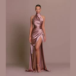 image-Elegant Stand-up Collar Long Dress Halter Neck Sleeveless Slit Slim Dress