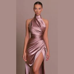 image-Elegant Stand-up Collar Long Dress Halter Neck Sleeveless Slit Slim Dress