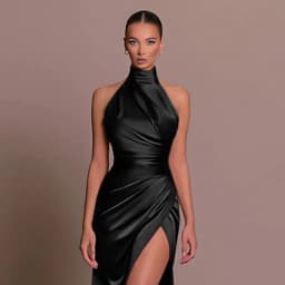 image-Elegant Stand-up Collar Long Dress Halter Neck Sleeveless Slit Slim Dress