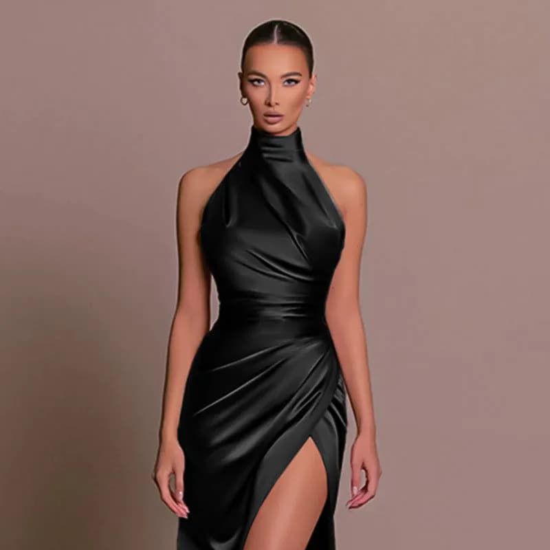 image-Elegant Stand-up Collar Long Dress Halter Neck Sleeveless Slit Slim Dress
