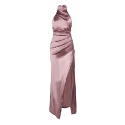 image-Elegant Stand-up Collar Long Dress Halter Neck Sleeveless Slit Slim Dress