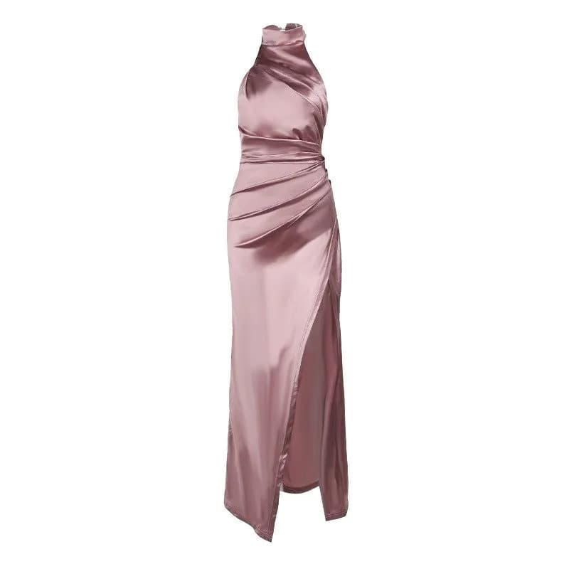 image-Elegant Stand-up Collar Long Dress Halter Neck Sleeveless Slit Slim Dress