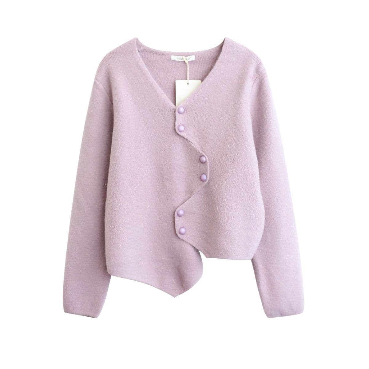 image-Irregular V Collar Womens Knitwear Sweater, Fuzzy Sweater, Loose Knit Fuzzy Women's Outerwear, Hand Knit Ribbed Cardigan, Spring Clothing