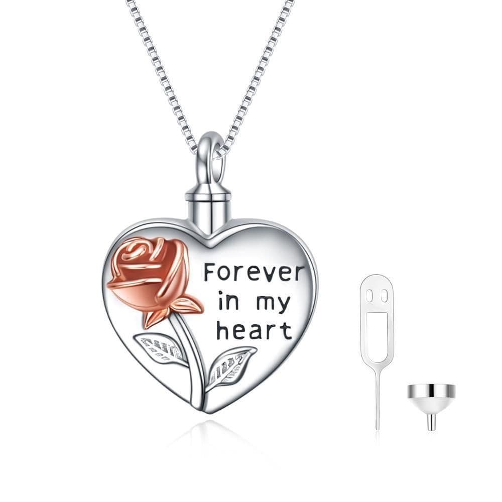 image-Sterling Silver Rose Flower Urn Necklace for Ashes Cremation Jewelry Forever in my Heart