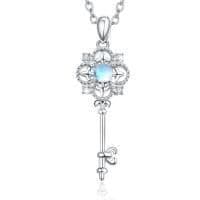 image-Sterling Silver Key Blue Moonstone and AAA Cz Round Key Pendant Necklace