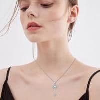 image-Sterling Silver Key Blue Moonstone and AAA Cz Round Key Pendant Necklace