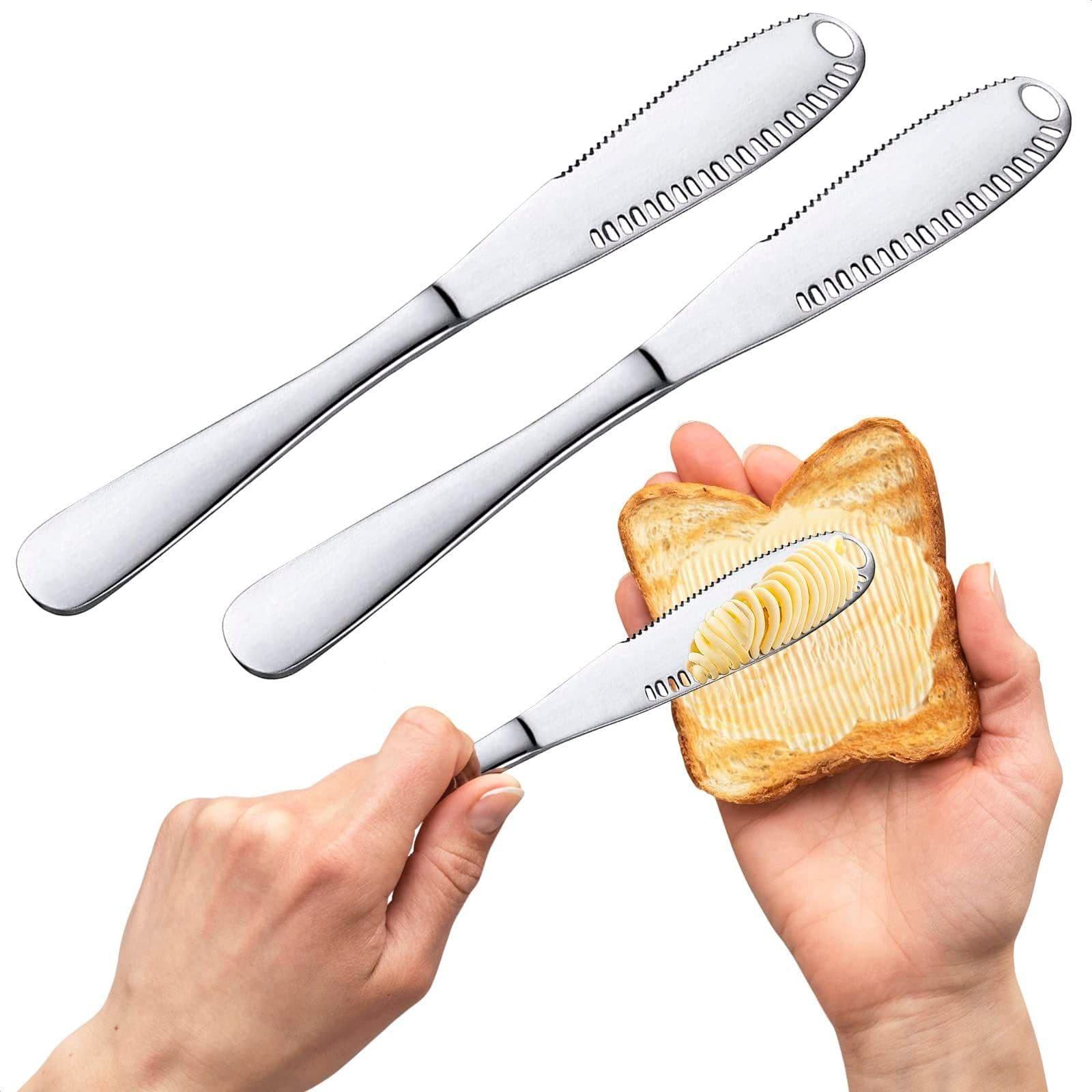 image-Stainless Steel Butter Spreader Knife With Handle, 3 In 1 Curler Slicer Knife, Butter Knife Spreader And Curler With Holes And Serrated Edge Cheese Knife Kitchen Gadgets