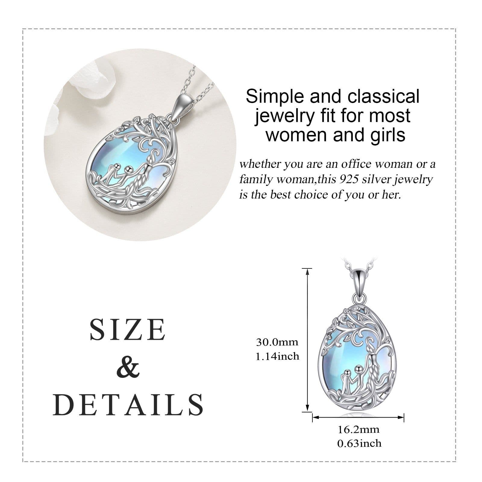 image-Sterling Silver Moonstone Tree of Life Mother Necklace Jewelry Gifts